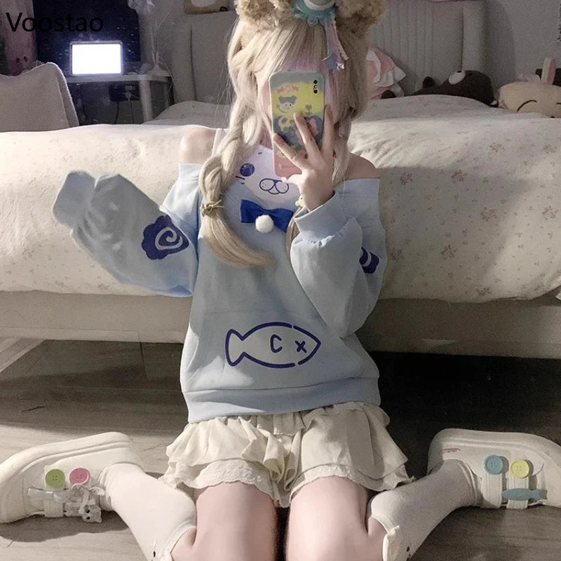 Kawaii Seal Two Piece Off-Shoulder Hoodie