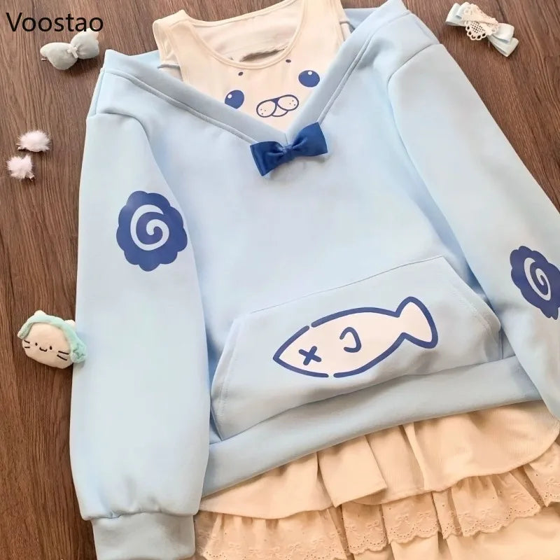 Kawaii Seal Two Piece Off-Shoulder Hoodie