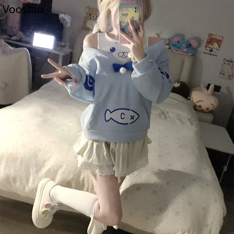 Kawaii Seal Two Piece Off-Shoulder Hoodie